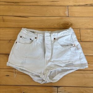 Levi’s White 501 Distressed Denim Shorts